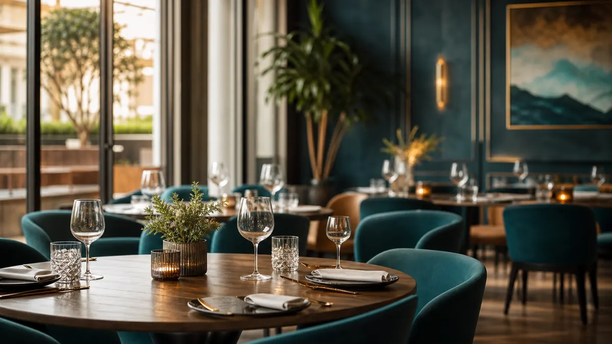 Elegantan enterijer restorana sa postavljenim stolovima